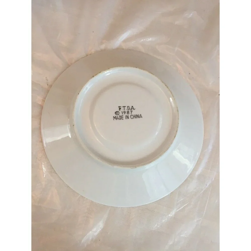 VTG FTDA 1987 Footed Tea Cup & Saucer White Silver Band Peach Floral Cottagecore